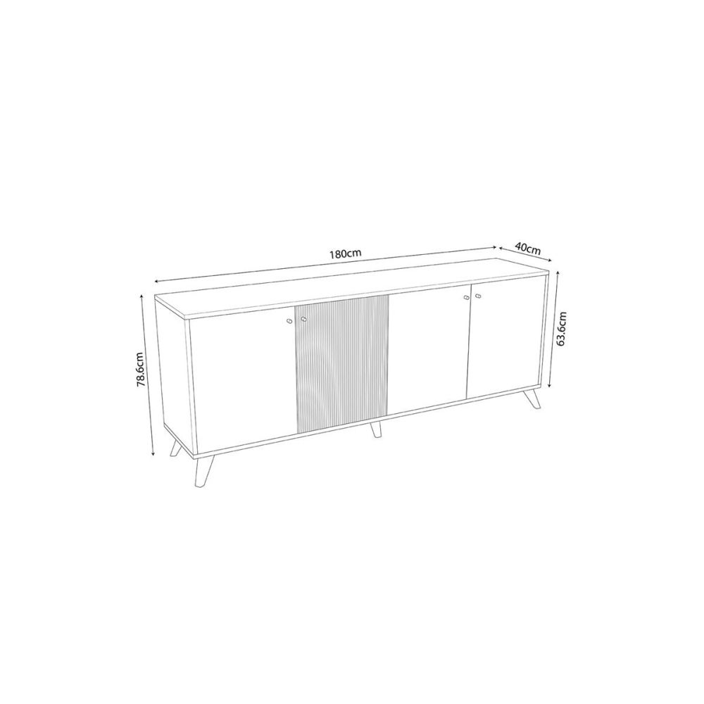 Buffet con 4 Puertas y Patas de Madera en Melamina Roble y Negro, 180x40x78,6 cm