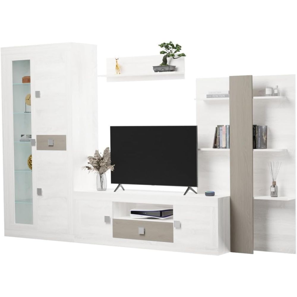 Mueble de Salón Moderno con Leds, Acabado en Andersen Pino -Gris, Medidas: 300 cm (An) x 200 cm (Al) 40 cm (Fon) - Meyvaser