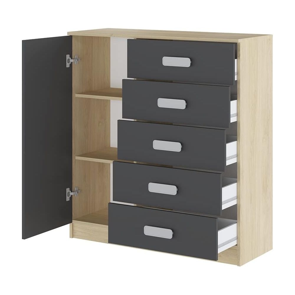 Cómoda Grande para Dormitorio o Salón – Natural y Grafito, 60 x 108 x 60 cm, 1 Puerta y 5 Cajones de Almacenaje.