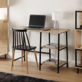 Mesa Escritorio Industrial con Estante y 2 Baldas – MDF Negro, Estructura Metálica y Roble, 110x50x75 cm