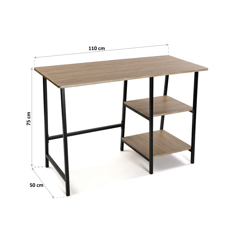 Mesa Escritorio Industrial con Estante y 2 Baldas – MDF Negro, Estructura Metálica y Roble, 110x50x75 cm