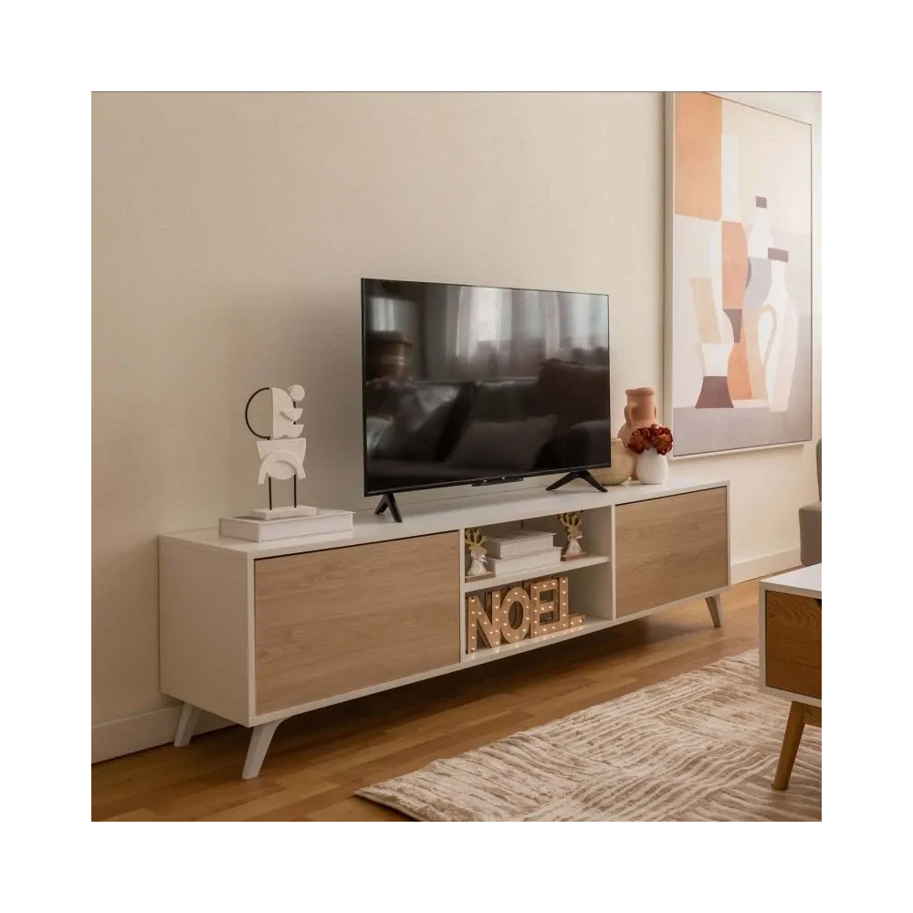 Mueble de TV de Diseño Nórdico + Modulo Alto,2 Estantes y 2 Puertas,Cambrian-Blanco, 49cm(Al) x 180cm (An) x 40cm (Fon)