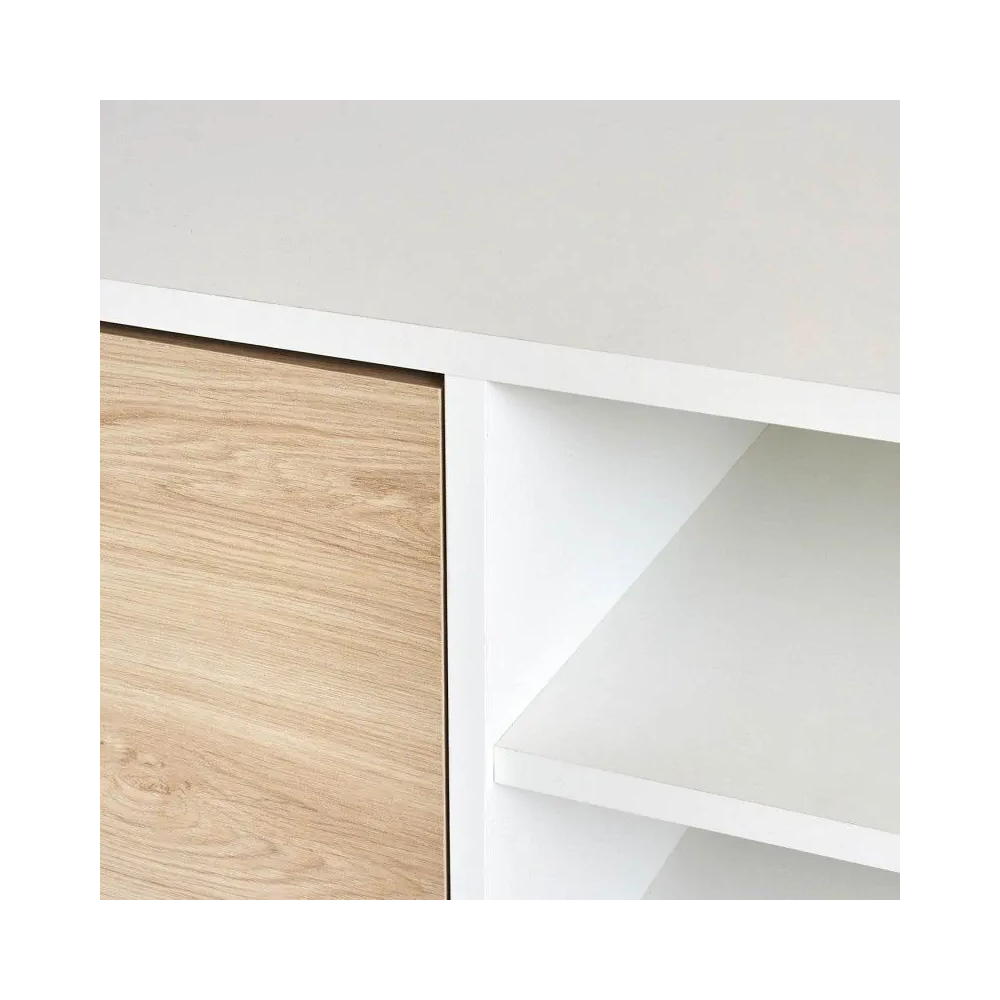 Mueble de TV de Diseño Nórdico, 2 Estantes y 2 Puertas, Cambria - Blanco, 49cm (Al)x 180cm (Anc) x 40cm (Fon)
