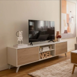 Mueble de TV de Diseño Nórdico + 2 Estantes, 2 Estantes y 2 Puertas,Cambrian-Blanco, 49cm(Al) x 180cm (Anc) x 40cm (Fon)