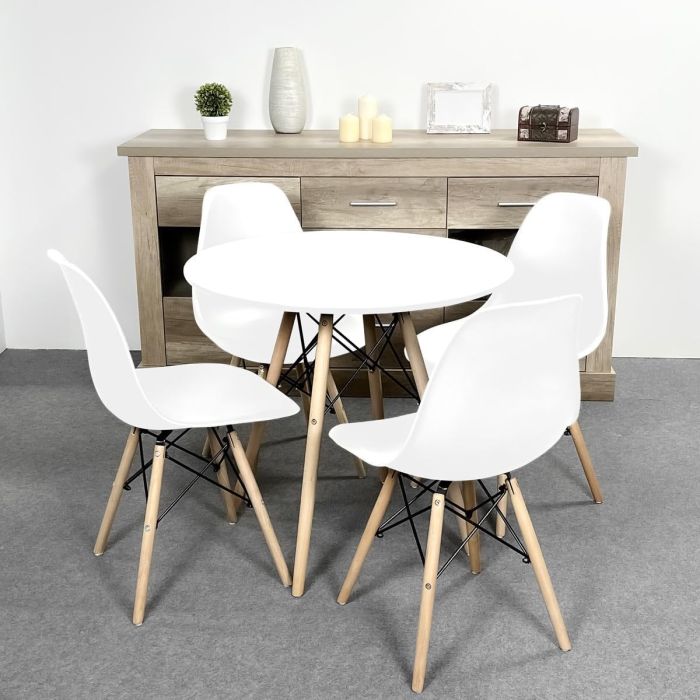 Conjunto Mesa y Sillas Nórdicas: Mesa Blanca (80x80x76 cm) + 4 Sillas con Patas de Madera Haya (46,5 x 48 x 82 cm)