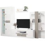 Mueble de Salón Moderno con Leds, Acabado en Andersen Pino -Gris, Medidas: 300 cm (Anc) x 200 cm (Al) 40 cm (Fon)