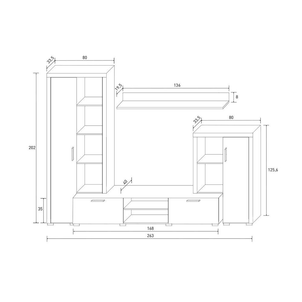 Meyvaser Mueble de salón y TV Composición de salón grande 263 Cm Cambrian-Blanco en madera de gran calidad