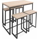 Conjunto de Mesa y 4 Taburetes con Estructura Metálica, Tapa y Asientos en MDF Roble - Mesa 100x60x86 cm, Taburete 43x30x60 cm